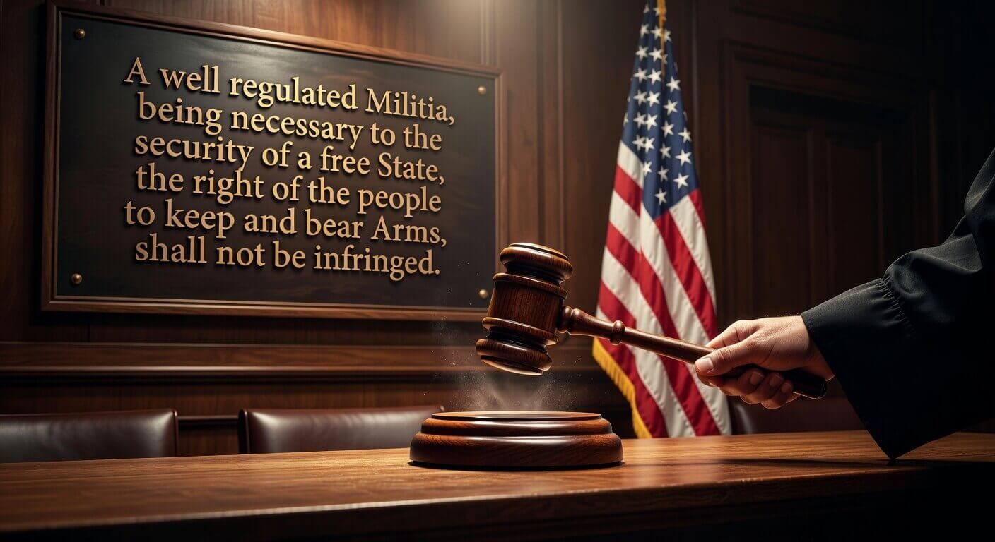 Gavel slamming down in a courtroom with American flag and Second Amendment text in the background, symbolizing a major legal win against California's AB 2571