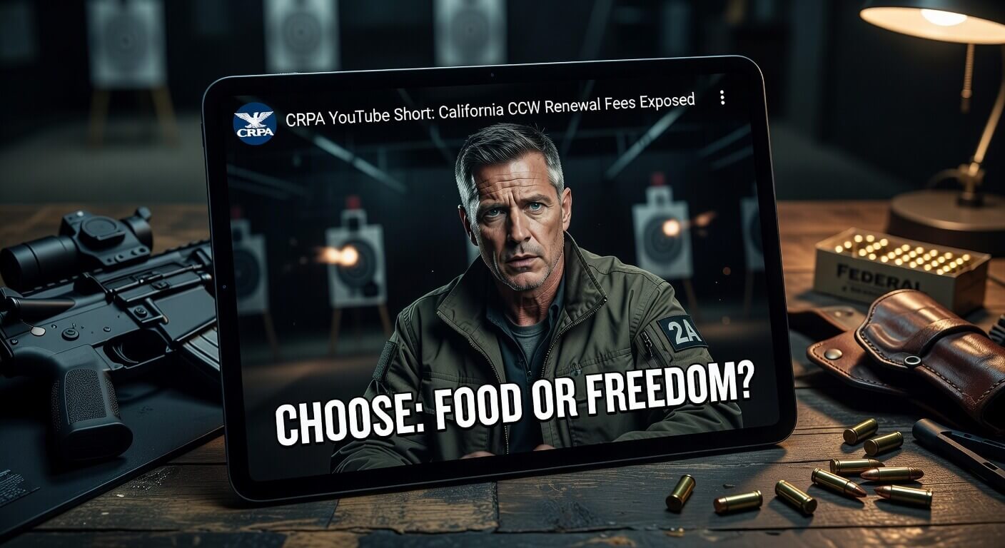 Screenshot of CRPA YouTube short criticizing California CCW renewal fees with text overlay 'Choose: Food or Freedom?'