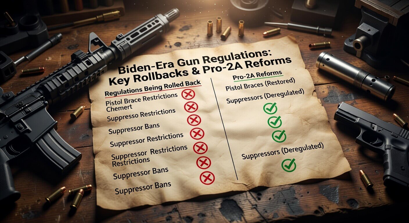 Infographic illustrating key Biden-era gun regulations being rolled back, with checkmarks on pro-2A reforms like pistol braces and suppressors.