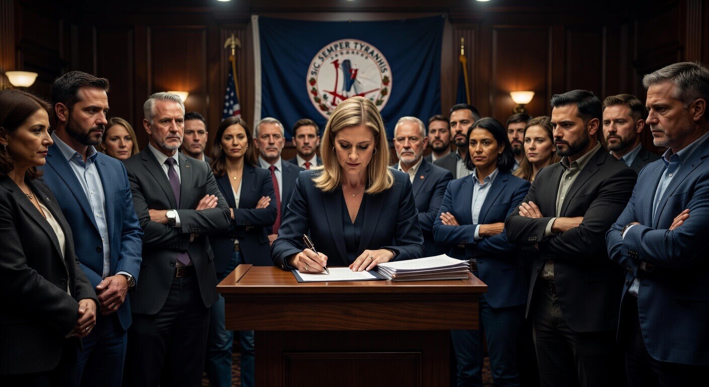 Governor Abigail Spanberger signing HB1525 and related gun control bills at a podium surrounded by anti-gun advocates, with Virginia state flag in background.