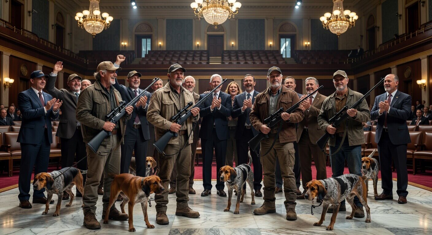 U.S. House Representatives celebrating the removal of anti-hunting provisions, with hunters and hounds in the foreground symbolizing preserved traditions.