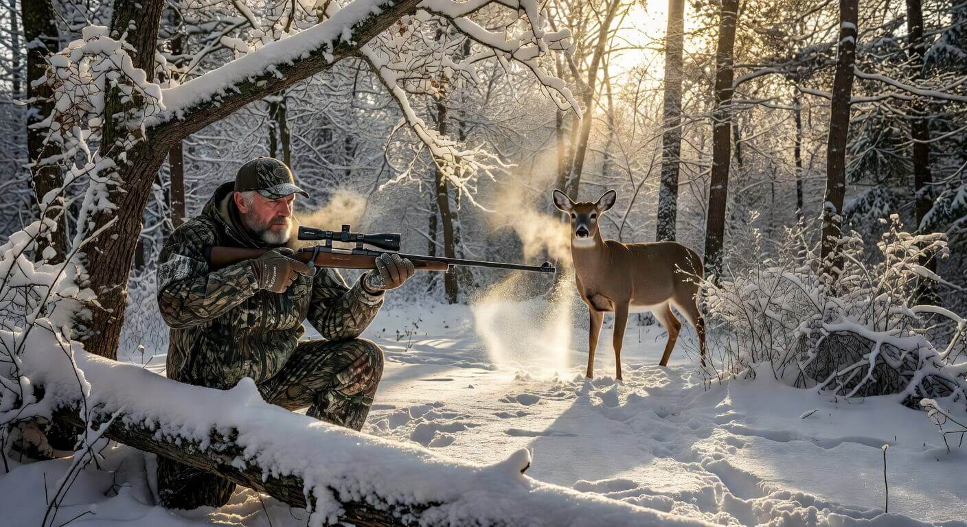 A Pennsylvania hunter in camouflage aiming a rifle at a whitetail deer during the regular firearms season in a snowy woodland.