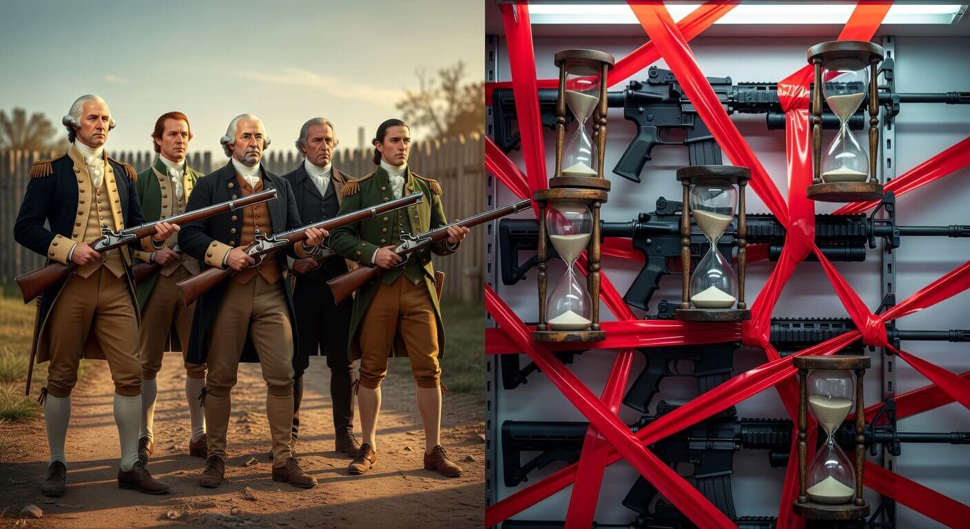 Collage of Founding Fathers with muskets contrasting modern bureaucratic red tape and hourglasses blocking firearms