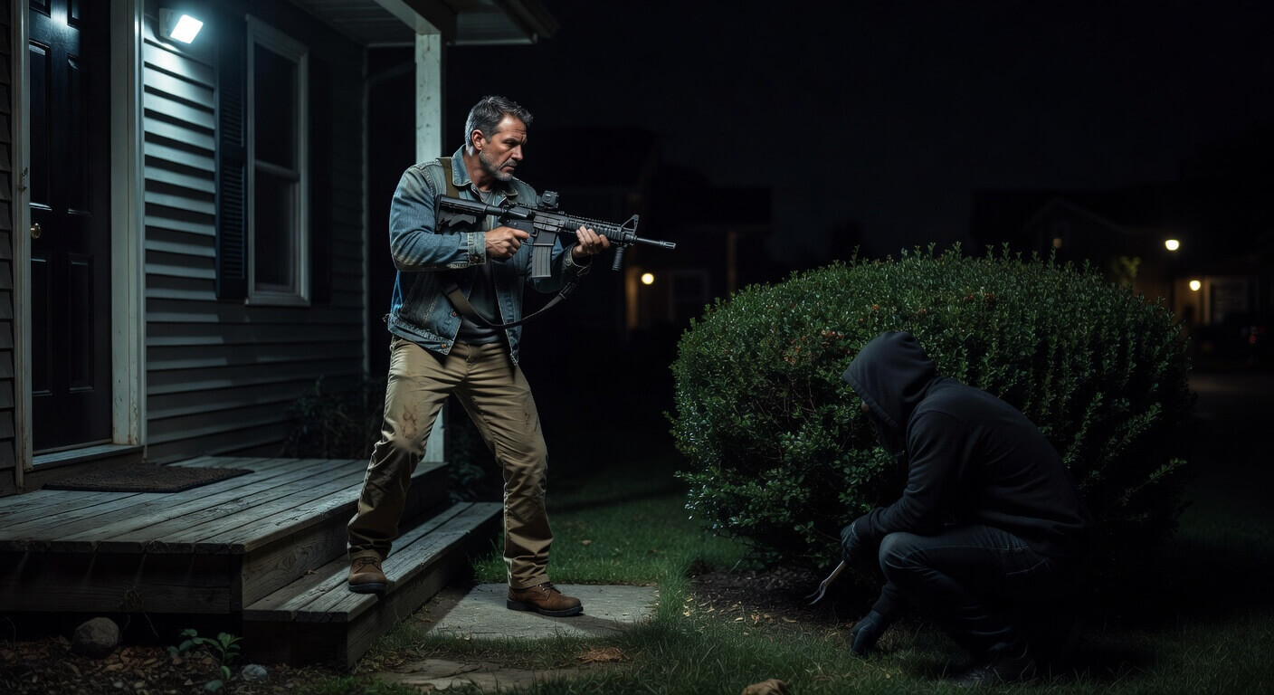 Dramatic nighttime scene of a homeowner defending their property with a firearm against an intruder