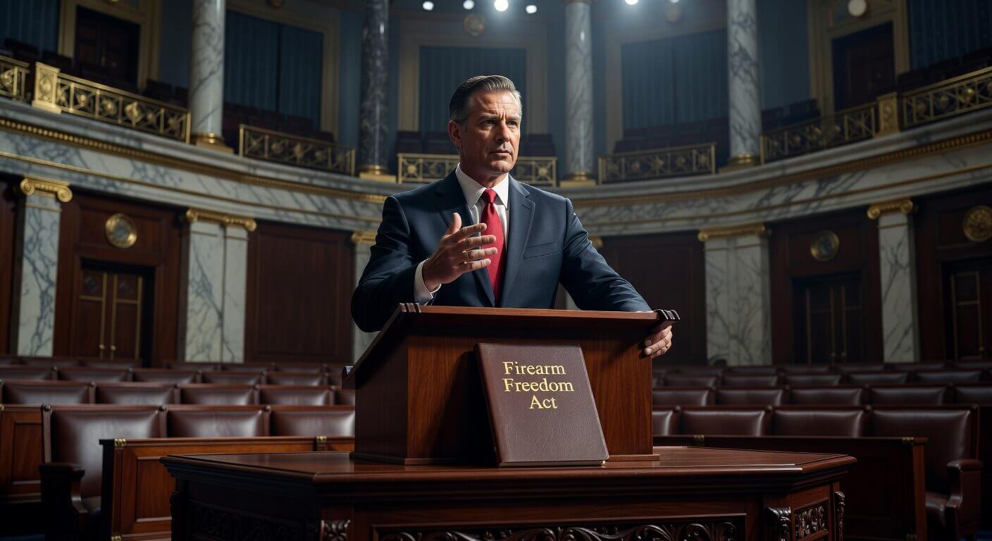 Florida Congressman Jimmy Patronis standing at the podium in the U.S. House chamber, presenting the Firearm Freedom Act legislation on May 22, 2026