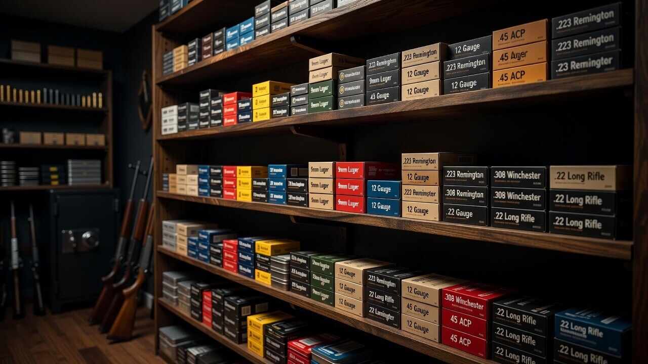 Well-organized shelves stocked with various calibers of ammunition boxes in a home gun room