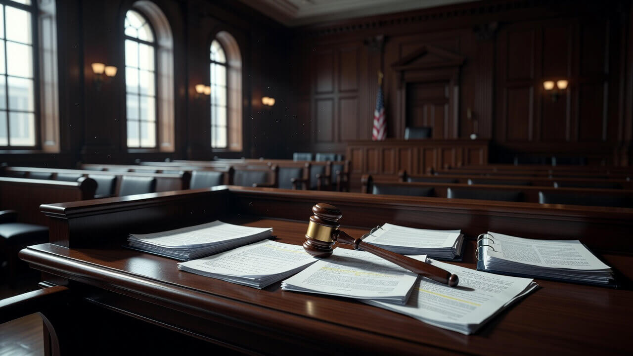 Interior view of a federal courtroom with documents and a gavel on the bench, symbolizing sentencing guideline changes