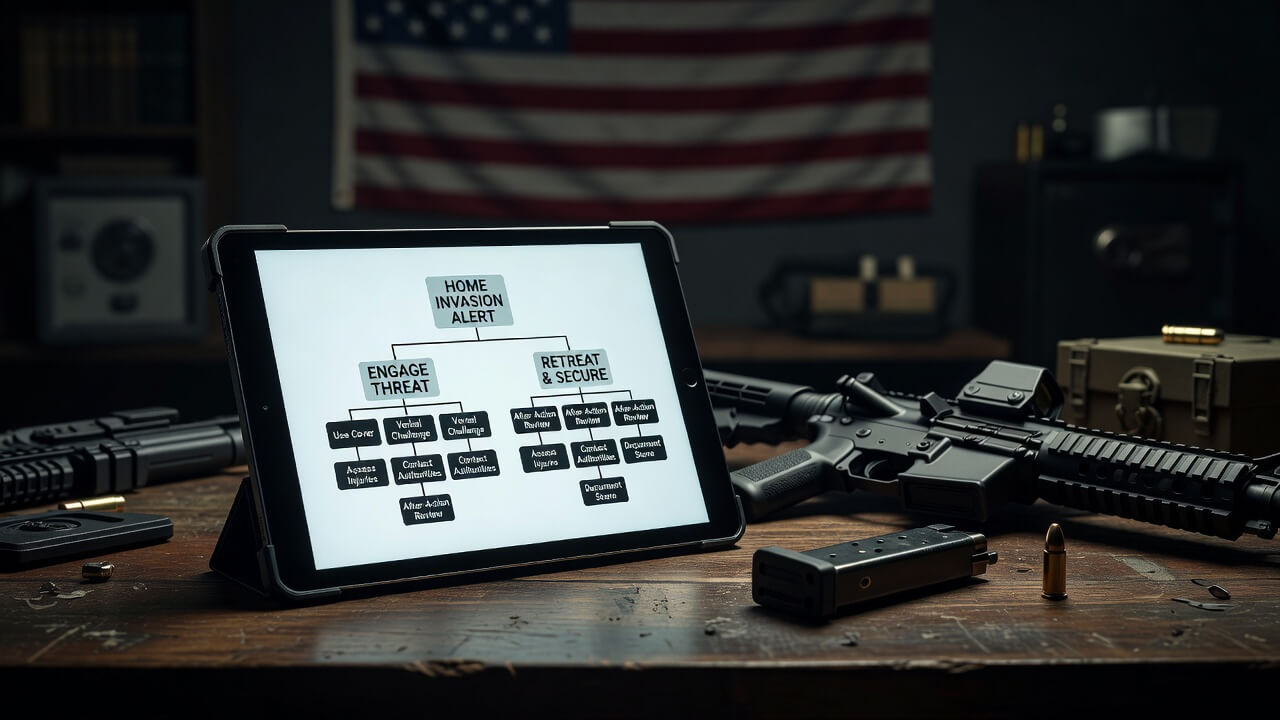 Tablet screen showing a branching home-defense scenario with decision options and after-action review